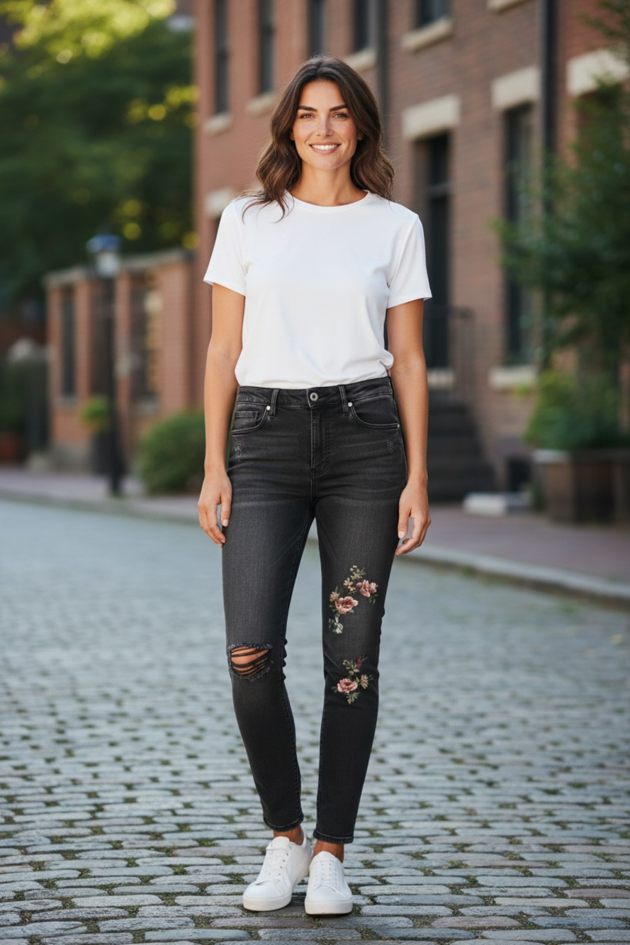 Forever 21 Women's Black Embroidered Floral Skinny Jeans Size 31